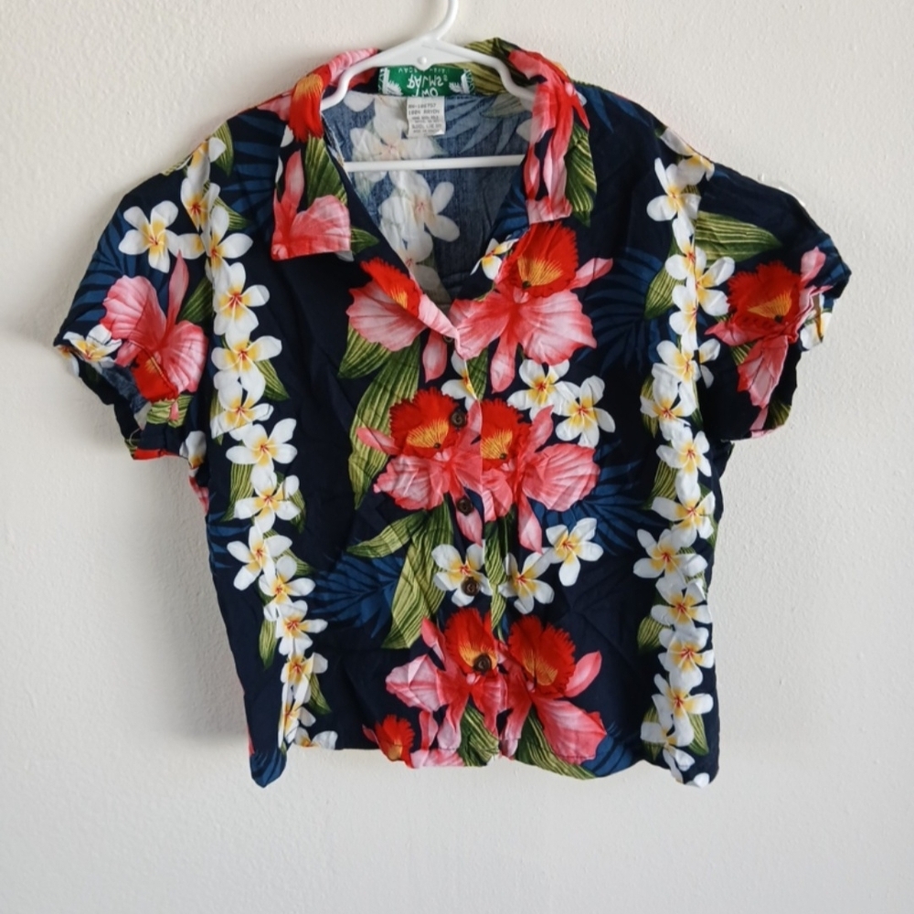 Two Palms Orchard Blue Womens Hawaiian Ryon Shirt Small